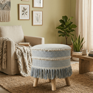 Boho Fringe Ottoman - Blue - Image 2