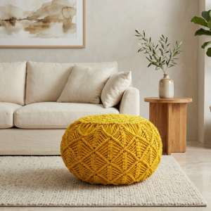 Handwoven Cotton pouffee - Yellow - Image 3