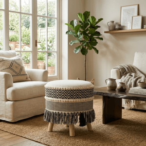 Boho Fringe Ottoman - Black - Image 2