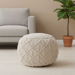 Handwoven Cotton pouffee - White - Image 3