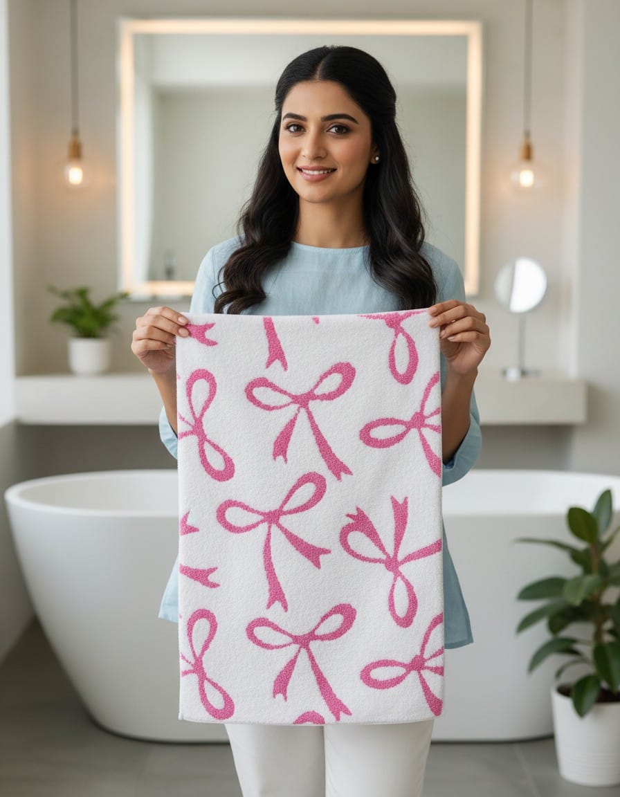 Elegant Bow Print Cotton Bath Towel – Soft, Absorbent & Quick Dry (175 x 96 cm)