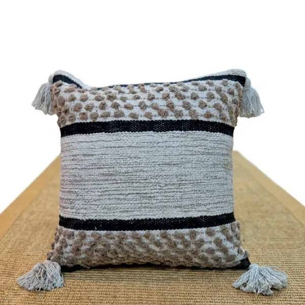 Textured Stripe Tassel Cushion Cover – 16x16 Inch