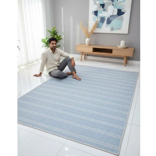 Sky Blue Striped Modern Area Rug